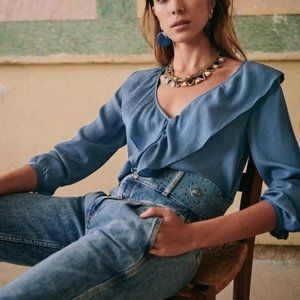 Sezane Priscille Blouse Women's 36/US 4 Ruffle V-Neck 100% Silk Button Blue 